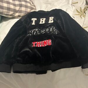 Black Faux Fur Jacket with Embroidered Text